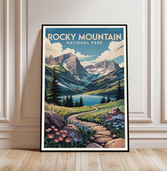 Rocky Mountain National Park Vintage Poster Alpine Lake Wildflowers