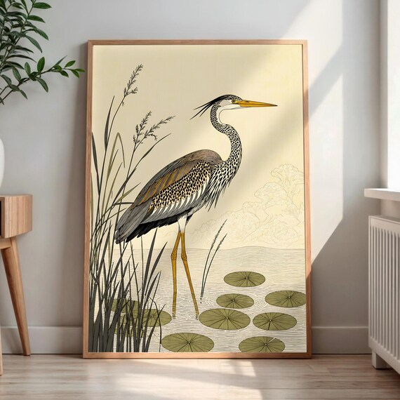 Japanese Ukiyoe Heron Art Print Vintage Style Bird Wall Crane In Water Lily Pond Zen Nature Decor
