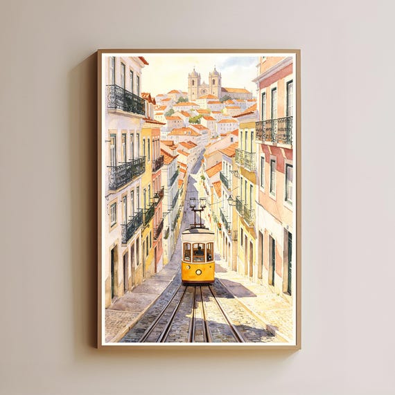 European Funicular Watercolor Print Colorful Cityscape Wall Art Travel Painting Church Decor