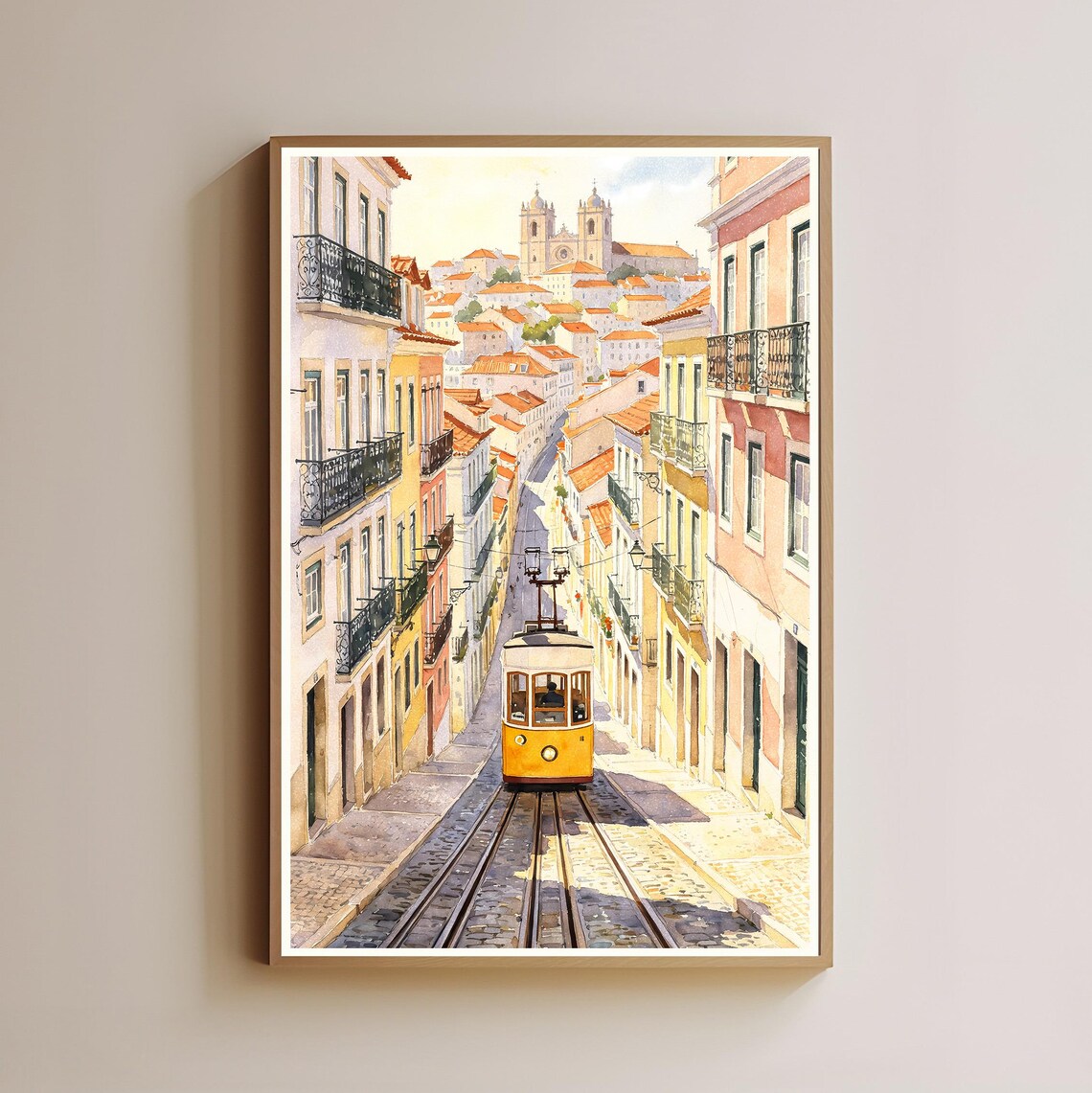 Yellow Tram Lisbon Funicular Watercolor European Street Scene Poster