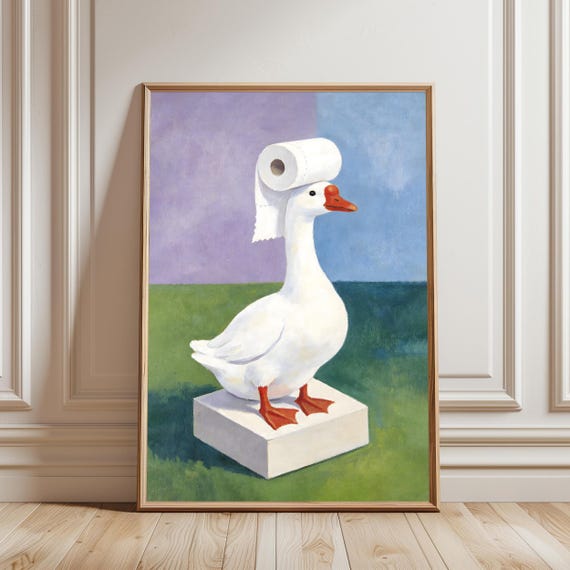 Goose Toilet Paper Print Funny Bathroom Wall Art Whimsical Animal Decor Quirky Home Artwork