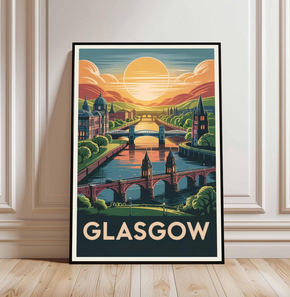 Glasgow Sunset River Clyde Bridges Scotland Vintage Travel Poster