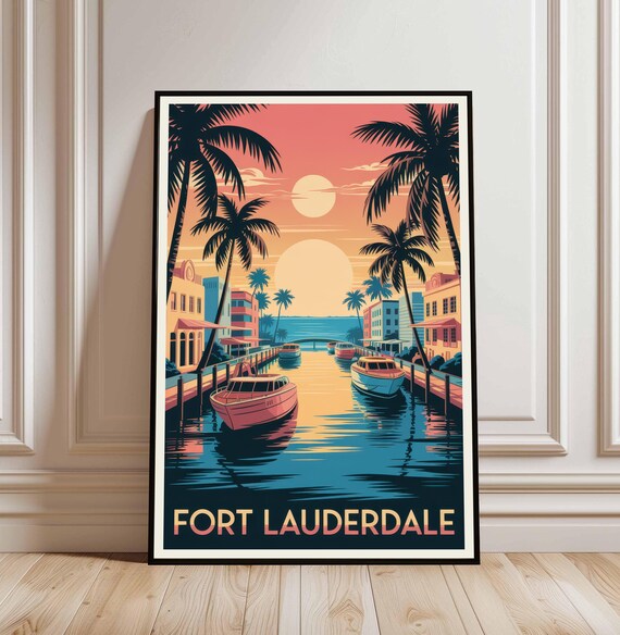 Fort Lauderdale Florida Canal Boats Palm Sunset Vintage Poster