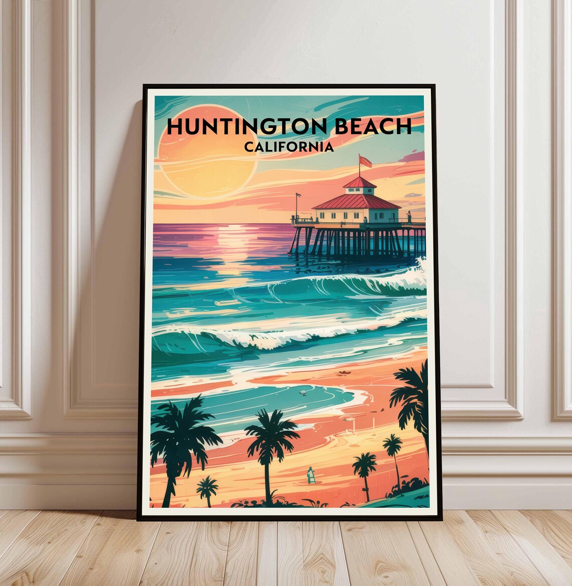 Huntington Beach California Vintage Travel Poster Sunset Pier Art