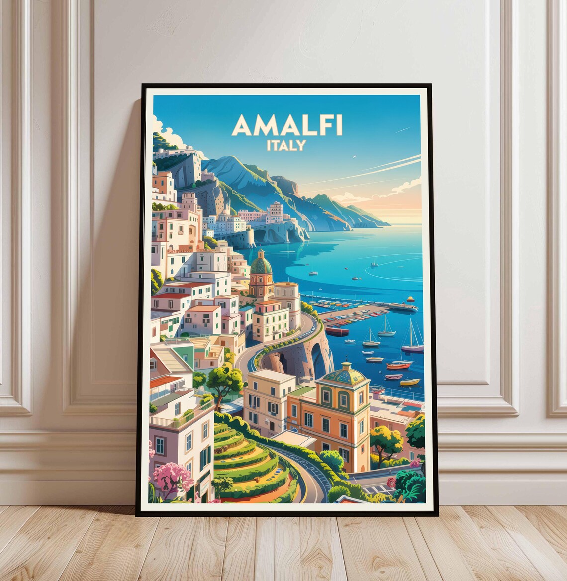 Amalfi Italy Vintage Travel Poster Coastal Town Boats Sea View Art