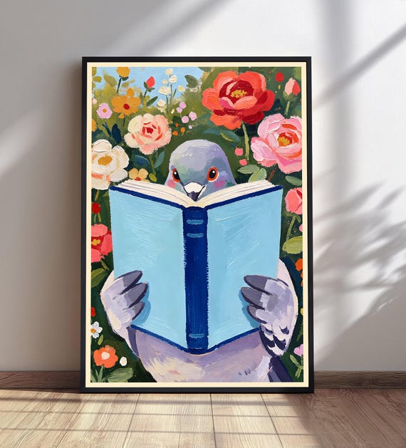 Pigeon Reading Book Art Print Whimsical Animal Wall Quirky Bird Decor Colorful Floral Home