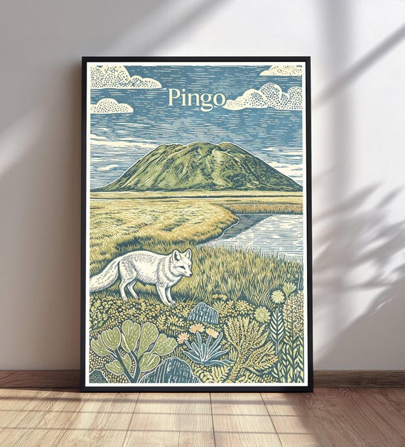 White Fox Woodcut Print Grassy Field River Art Pingo Hill Nature Wall Vintage Landscape Poster
