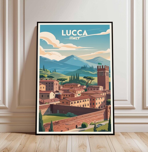 Lucca Italy Vintage Travel Poster Tuscan Red Roofs Cityscape