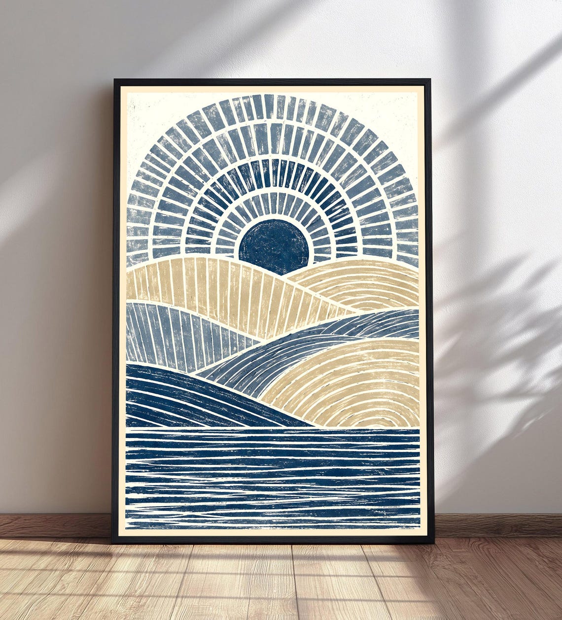 Abstract Landscape Linocut Print Rolling Hills Water Sun Wall Art Stylized Nature Decor