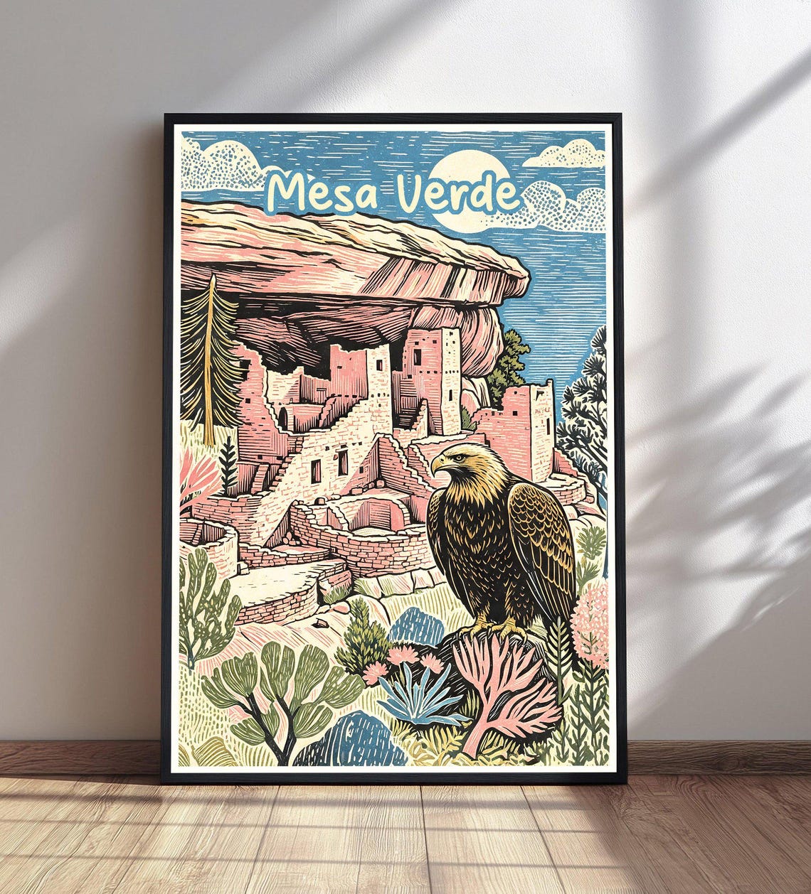 Mesa Verde Cliff Dwellings Golden Eagle Vintage Linocut Travel Poster