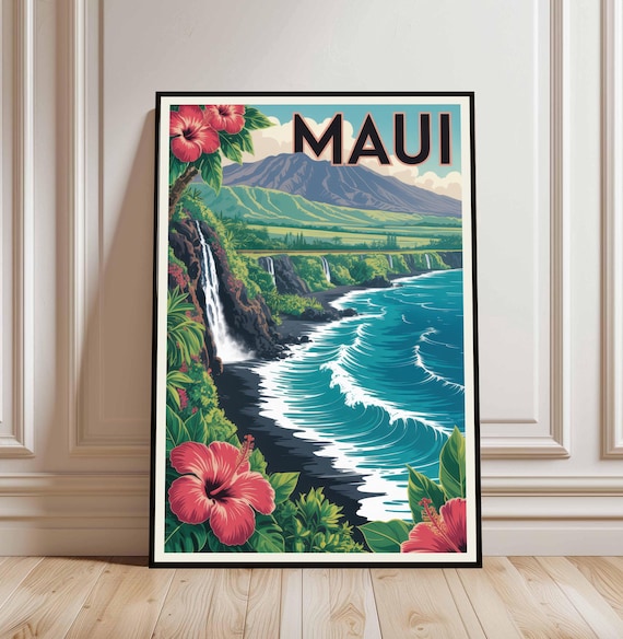 Classic Maui Hawaii Waterfall Ocean Waves Vintage Travel Poster