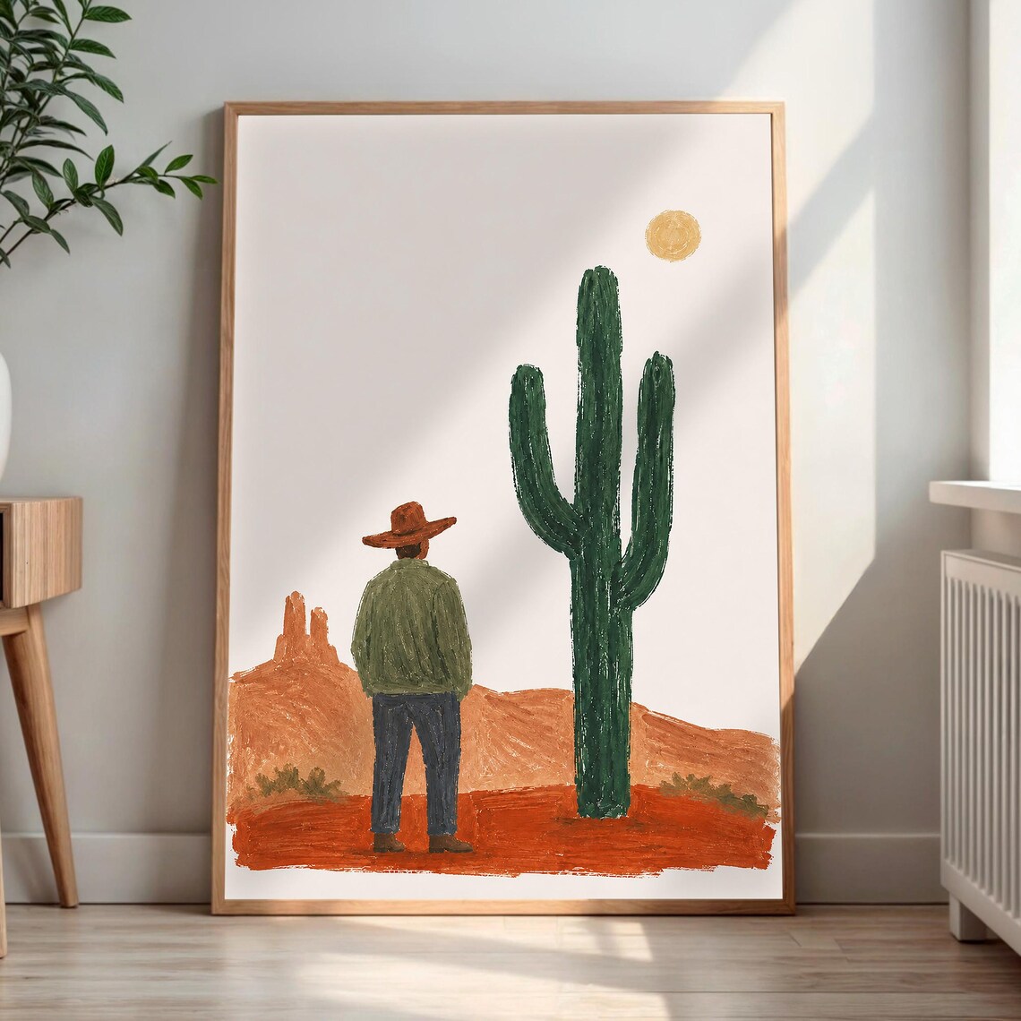 Cowboy Saguaro Cactus Desert Southwest Naive Western Painting Poster