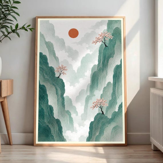 Asian Landscape Wall Art Layered Mountains Cherry Blossom Print Setting Sun Nature Decor Serene Home