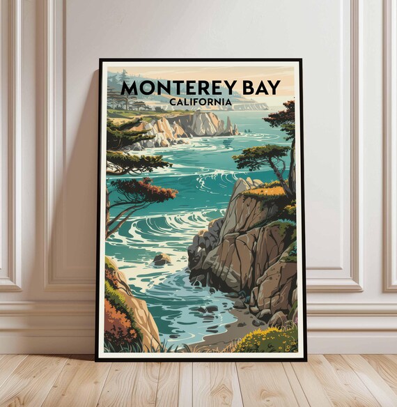 Monterey Bay California Sunset Cliff Cypress Vintage Travel Poster