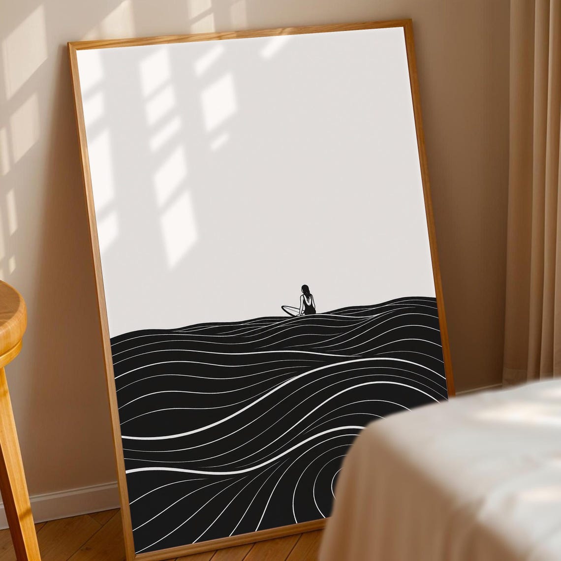Minimalist Surf Art Print Black And White Surfboard Ocean Wave Wall Surfer Coastal Decor