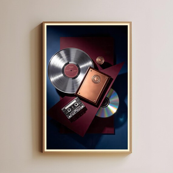 Music Lover Print Vinyl Record Art Cassette Tape Cd Poster Bronze Award Decor