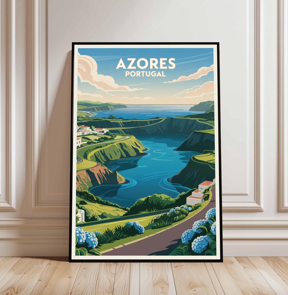 Azores Portugal Vintage Travel Poster Green Cliffs and Blue Lake