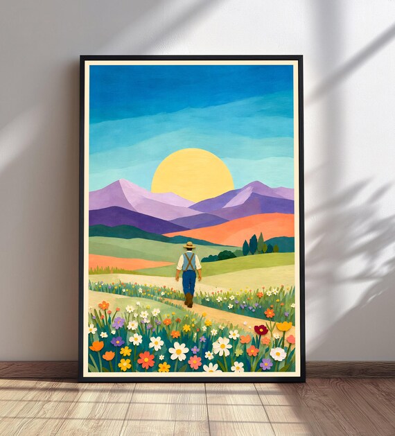 Colorful Farmer In Wildflower Meadow Sunset Painting Mountain Landscape Poster