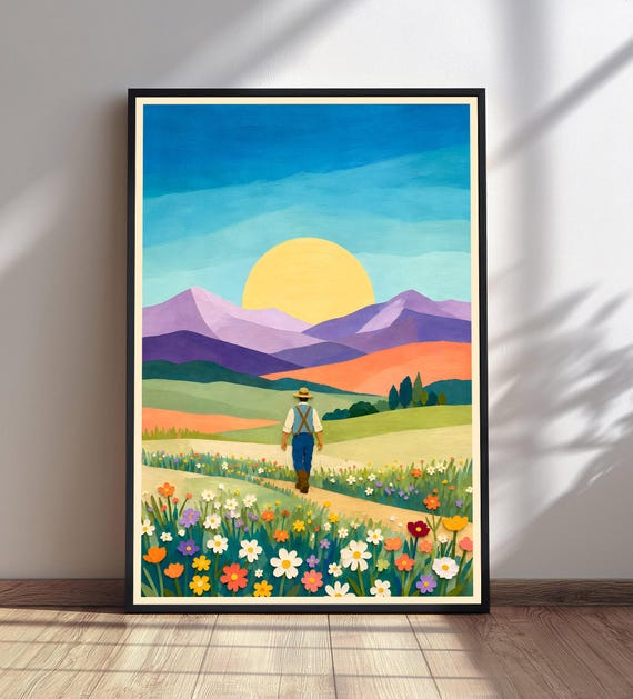 Flower Meadow Landscape Print Vibrant Sunset Wall Art Mountain Path Nature Decor Man Walking Painting