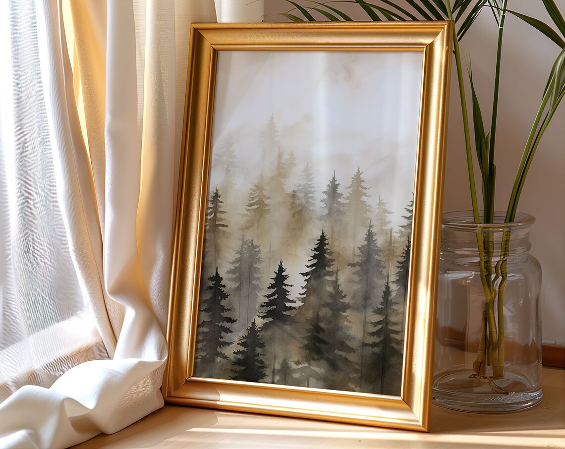 Misty Pine Forest Watercolor Foggy Evergreen Trees Wall Poster - Image 5