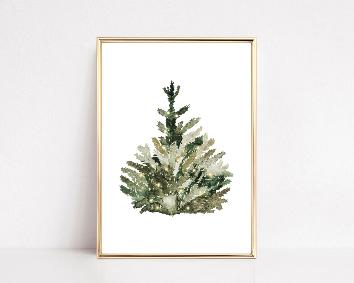 Watercolor Christmas Tree with Fairy Lights Print for Winter Wall Decor
