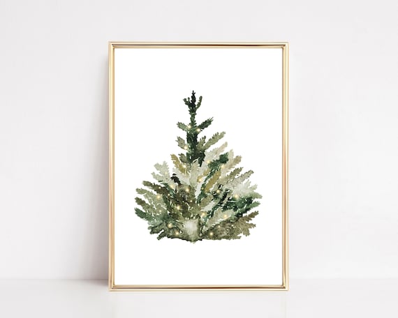 Watercolor Christmas Tree with Fairy Lights Print for Winter Wall Decor