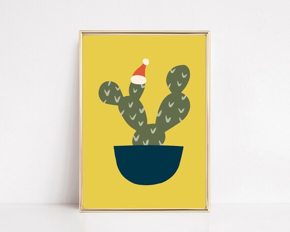 Santa Hat Cactus Sunny Yellow Background Fun Christmas Art Print