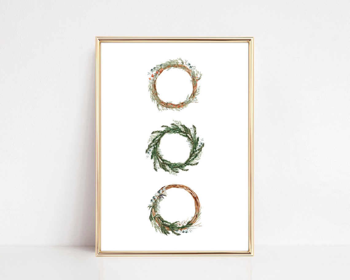 Three Watercolor Christmas Wreaths Vertical Trio Botanical Poster