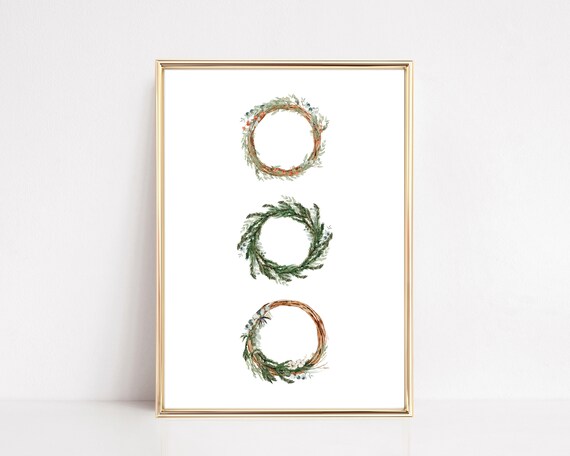 Three Watercolor Christmas Wreaths Vertical Trio Botanical Poster