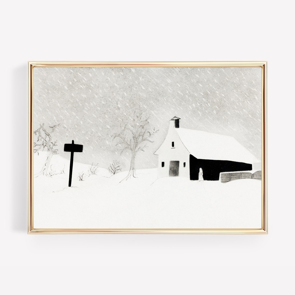 Country Barn in Falling Snow Minimalist Monochrome Winter Art Print
