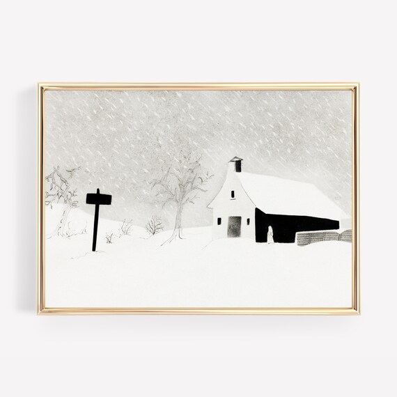 Country Barn in Falling Snow Minimalist Monochrome Winter Art Print