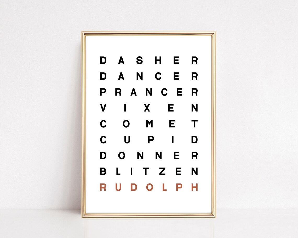 Reindeer Names Print, Scandinavian Christmas Decor