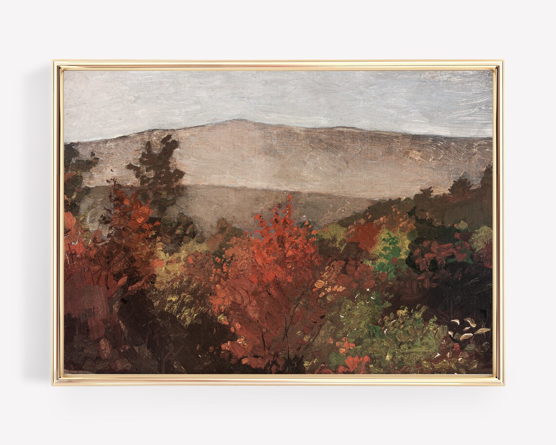 Vintage Autumn Mountain Landscape Oil Painting Red Foliage Poster