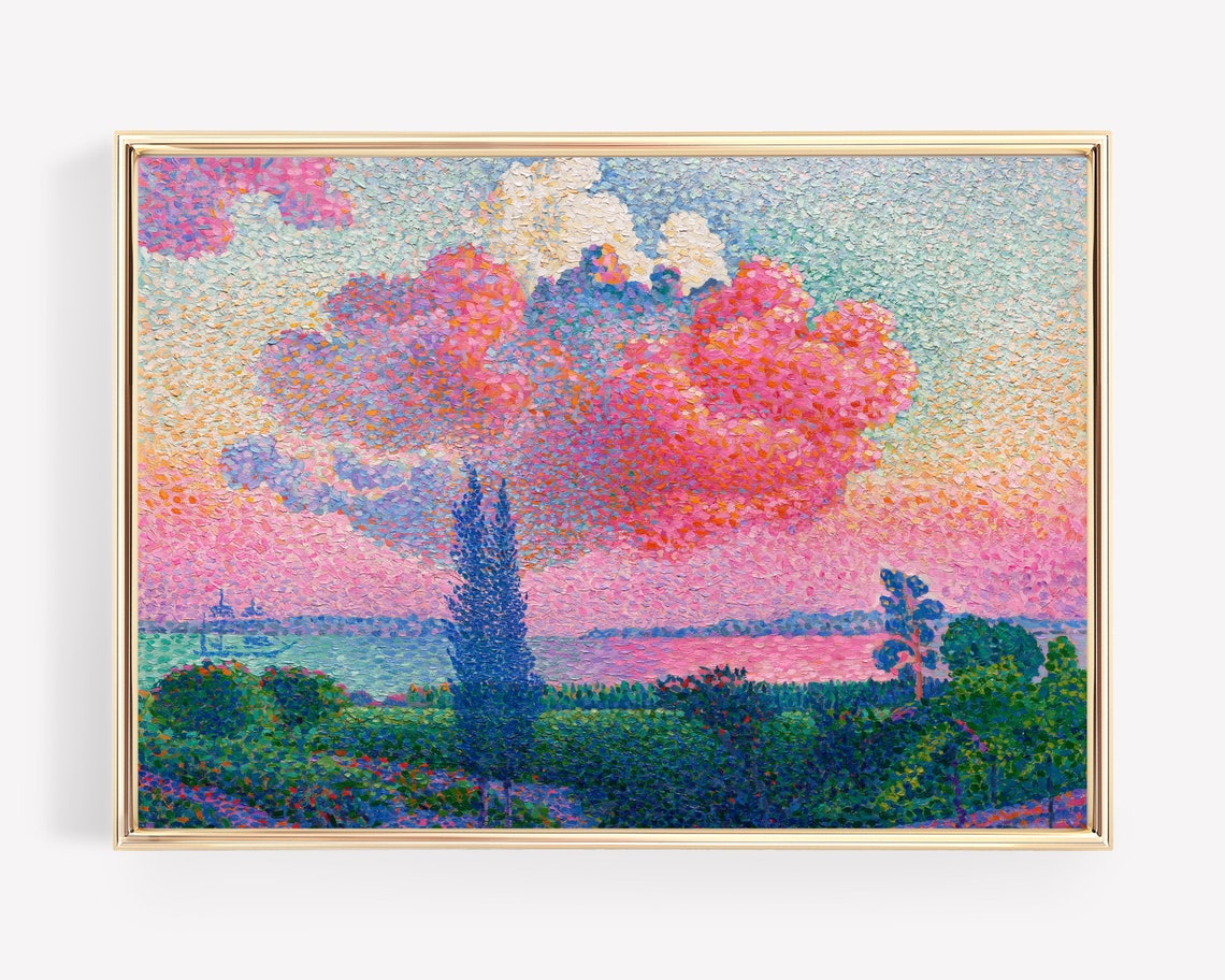 Pink Cloud Pointillist Seascape With Tall Cypress Trees Poster