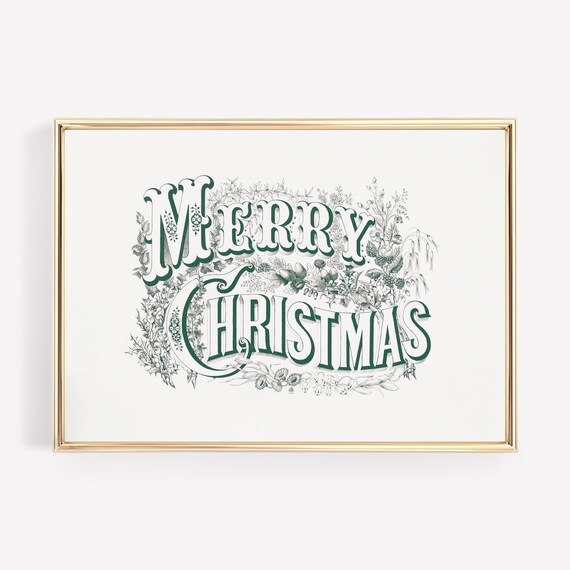 Merry Christmas Vintage Green Lettering Botanical Holiday Wall Art