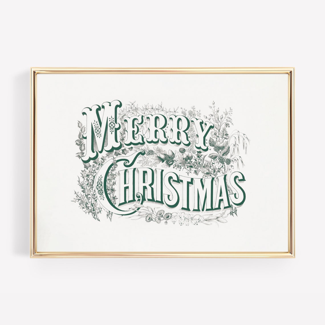Merry Christmas Vintage Green Lettering Botanical Holiday Wall Art