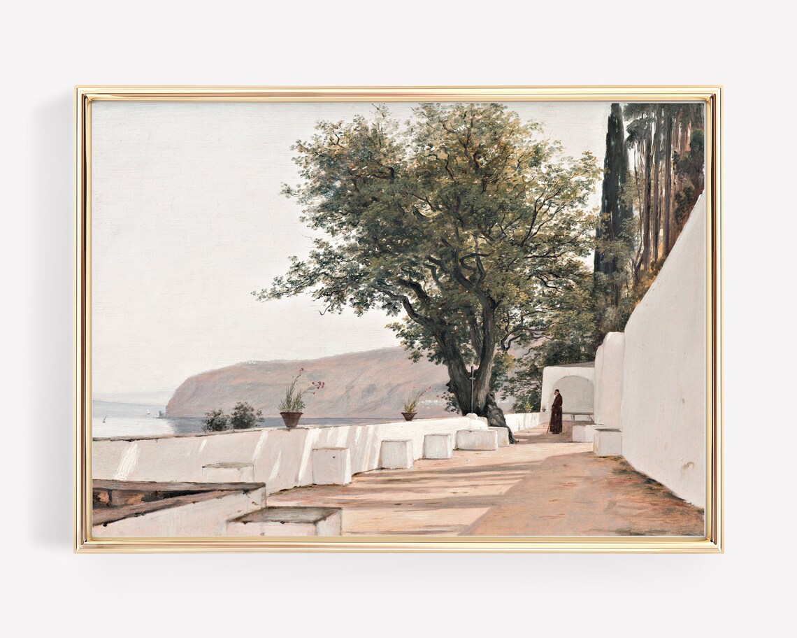 Mediterranean Sunlit Terrace Vintage Coastal Painting Poster