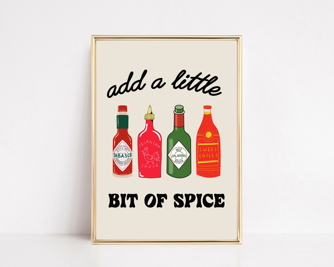 Retro Add a Little Bit of Spice Hot Sauce Bottles Kitchen Print