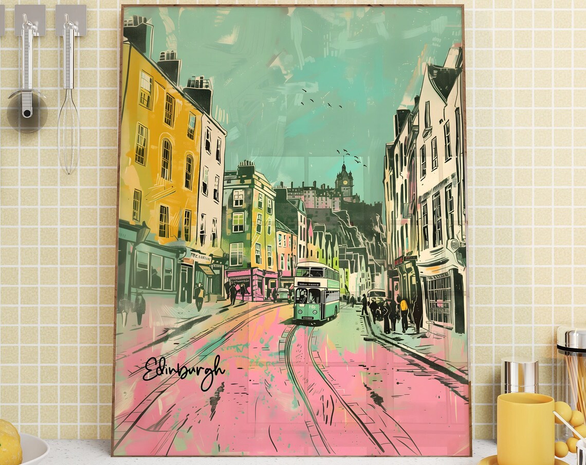 Edinburgh Street With Tram Colorful Hand Drawn Sketch Art Poster - Image 4