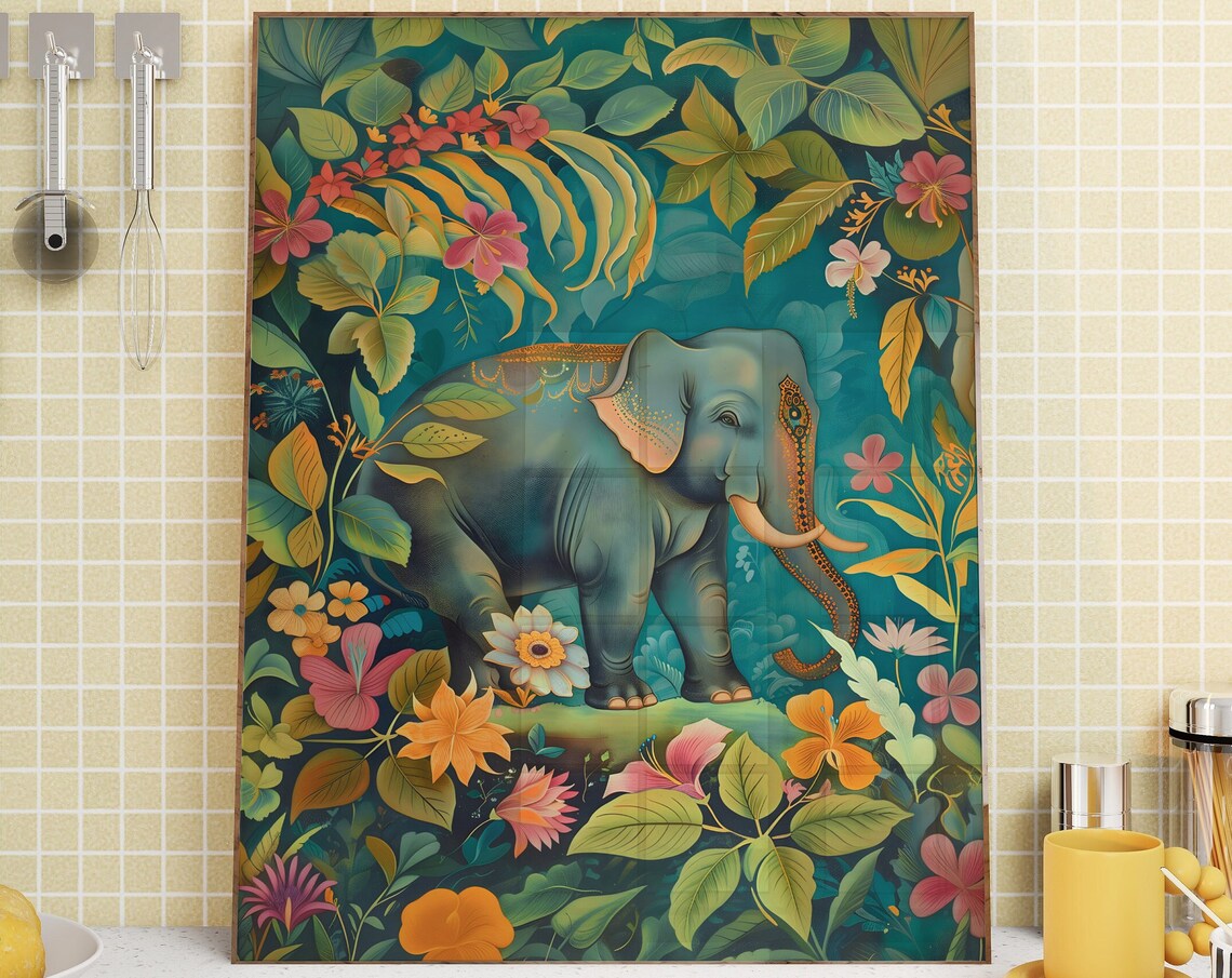 Decorated Elephant In Tropical Floral Jungle Boho Art Poster - Image 4