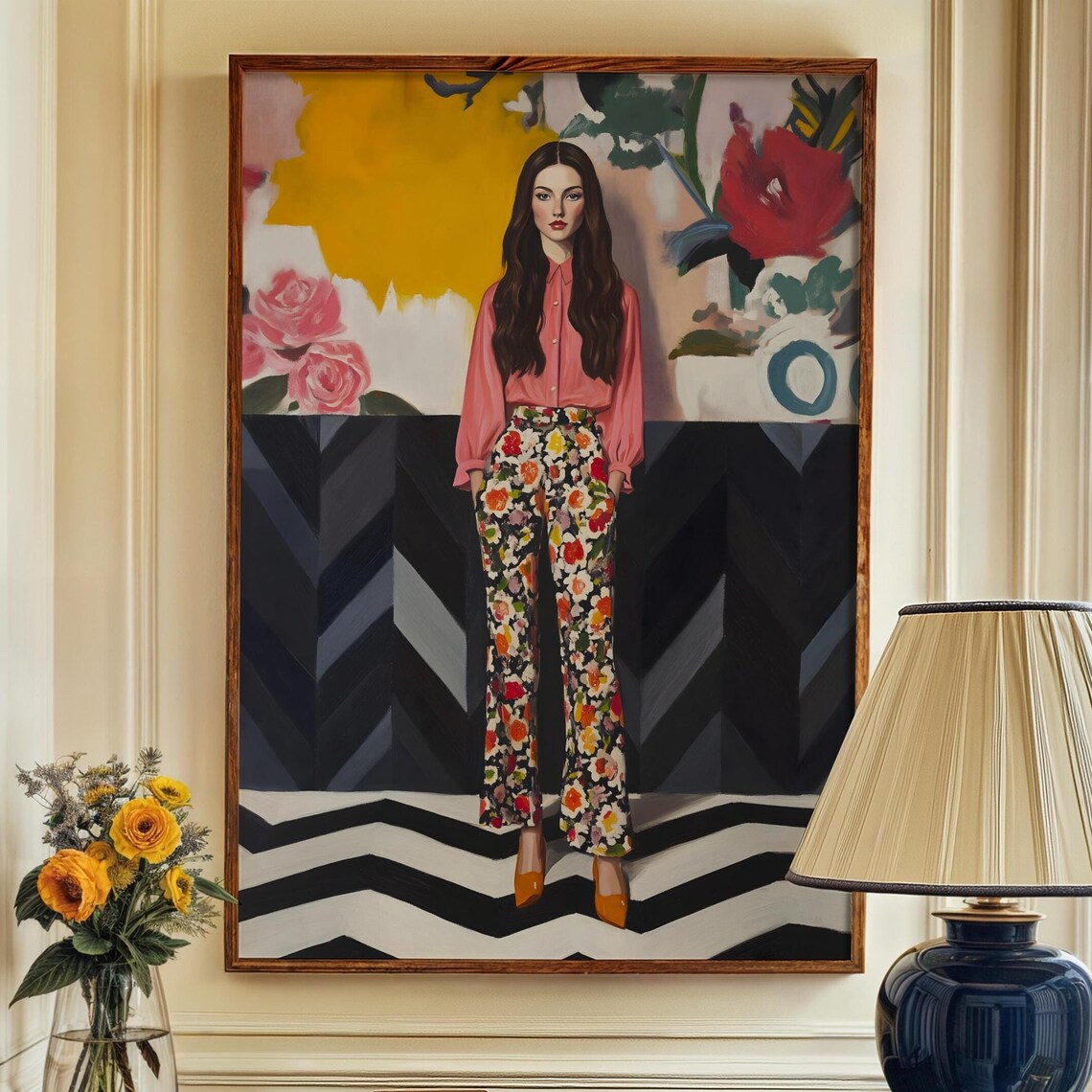 Woman in Floral Trousers and Pink Blouse Fashion Portrait Print - Image 4