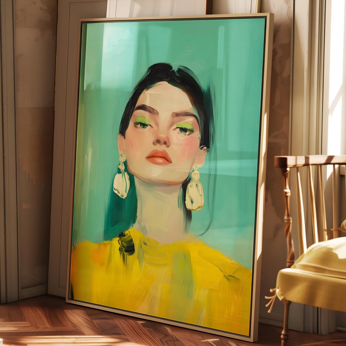 Turquoise Portrait Woman Green Eyeshadow Yellow Top Art Poster - Image 4
