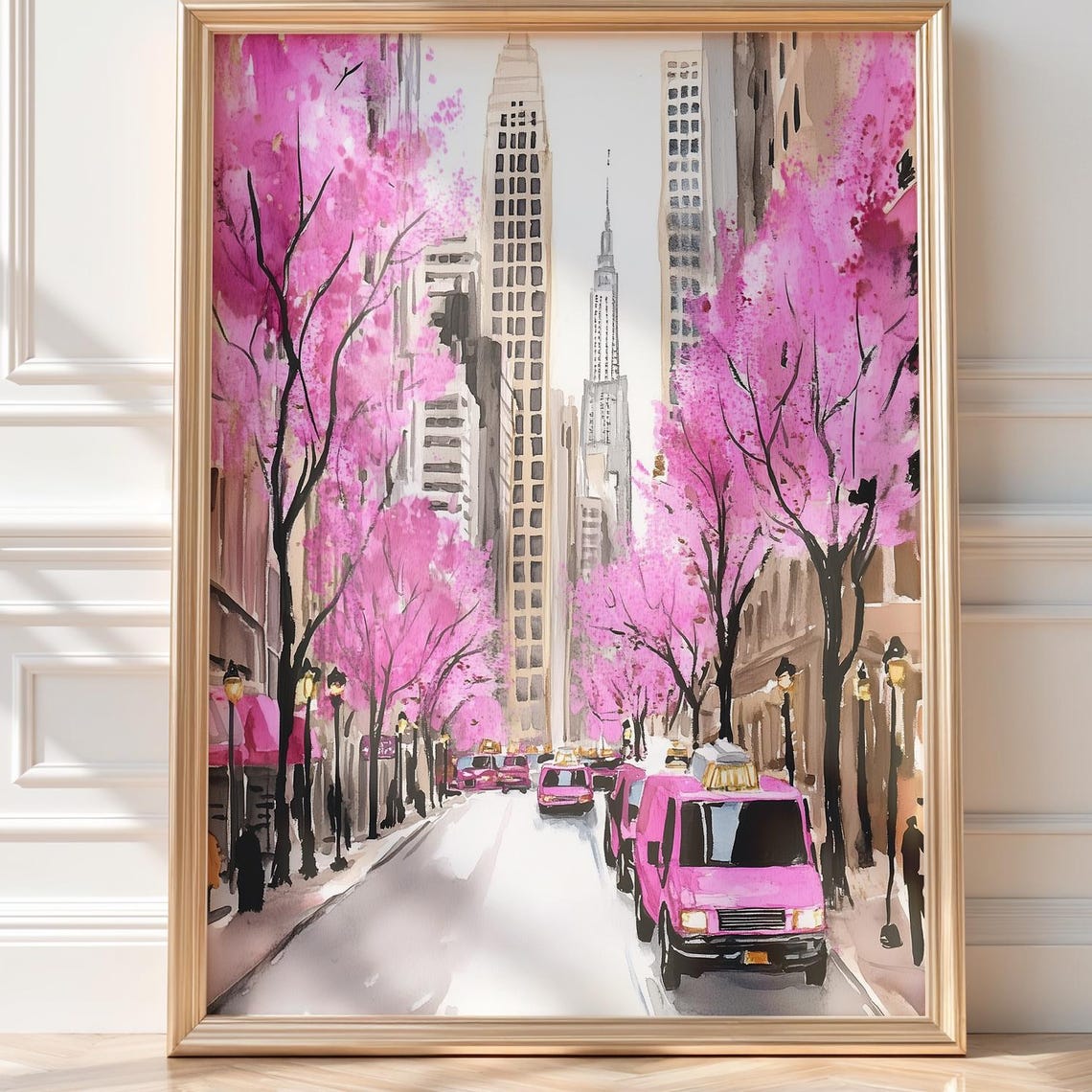 Nyc Inspired Wall Art Pink Black Gold Watercolor Girly Trendy Taxi Travel New York City