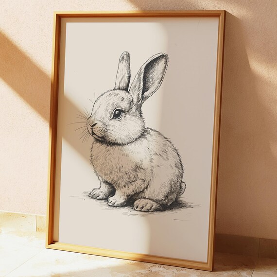 Cute Rabbit Bunny Sitting Vintage Line Sketch Nursery Poster