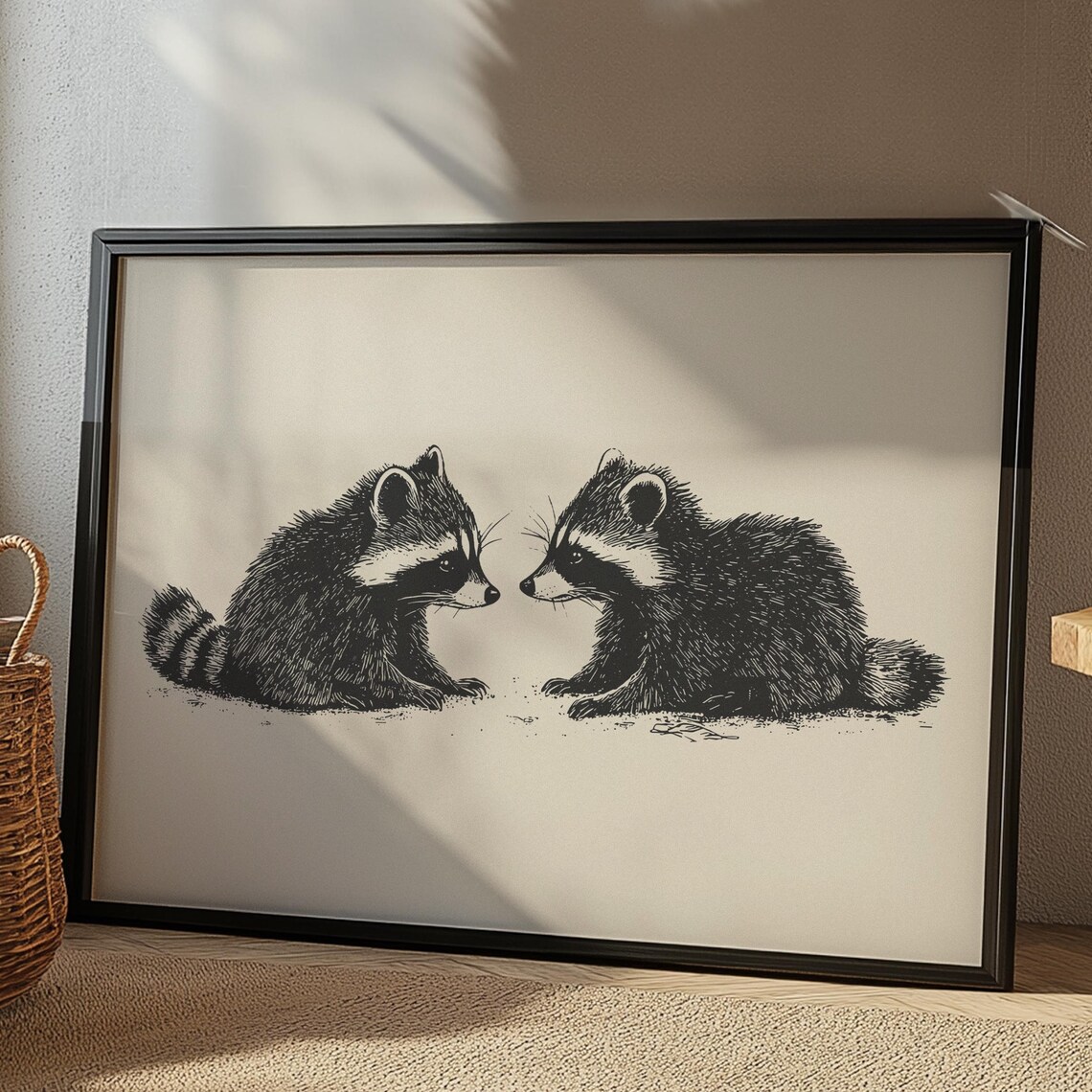 Two Baby Raccoons Facing Each Other Ink Sketch Nursery Poster