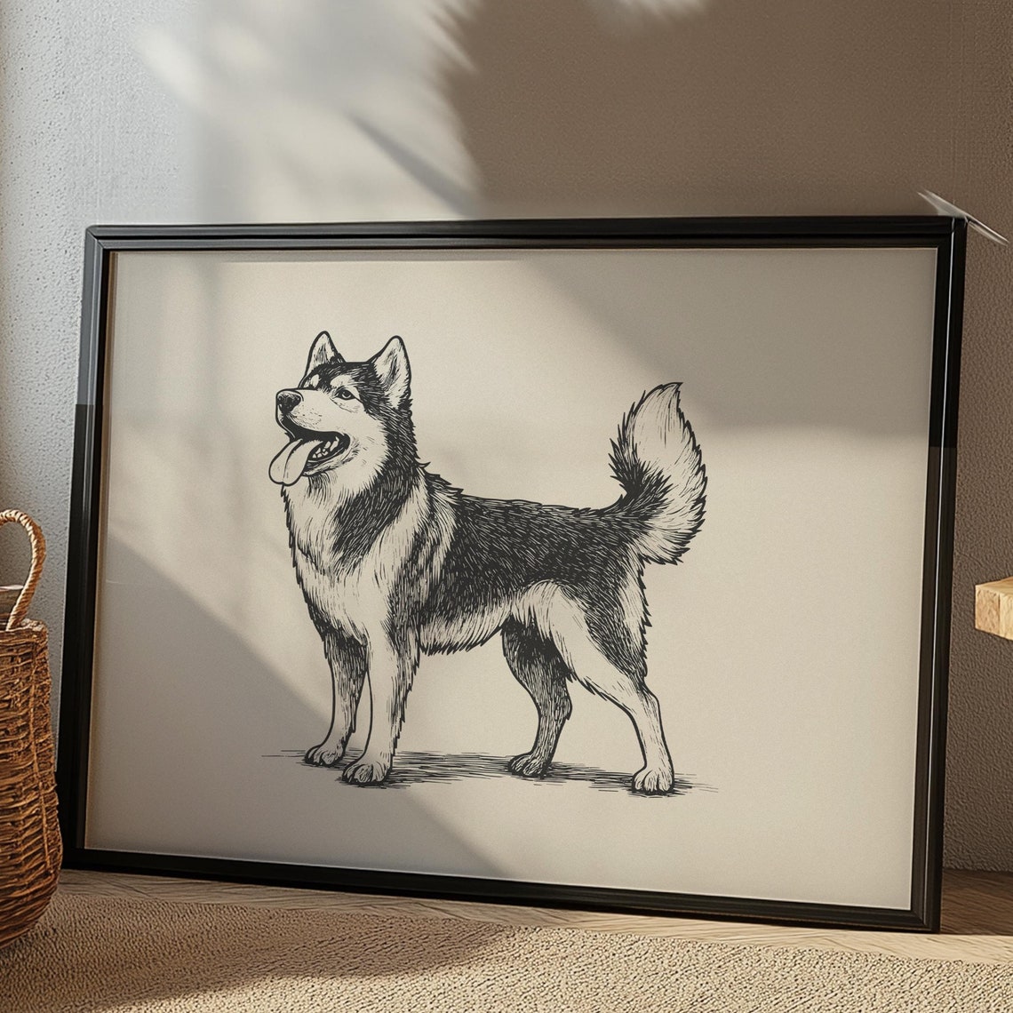 Husky Nursery Wall Art Girls Room Vintage Poster Smiling Dog Sketch Boys Room Decor Baby Nursery Drawing Dog Sketch Husky Dog Painting