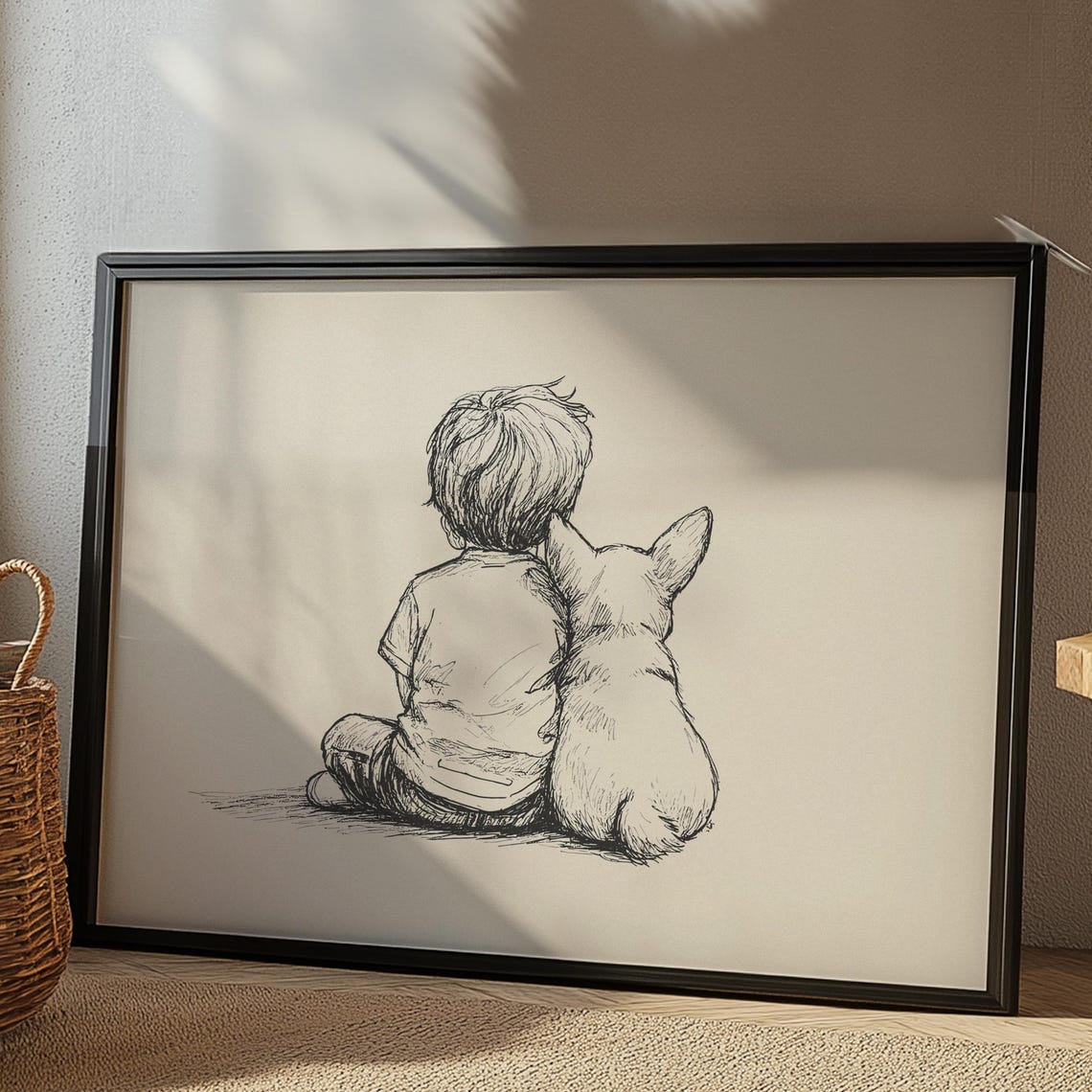 Boy With Corgi Nursery Poster Puppy Nursery Print Boys Room Retro Art Puppy Sketch Art Neutral Dog Drawing Baby Room Painting Decor