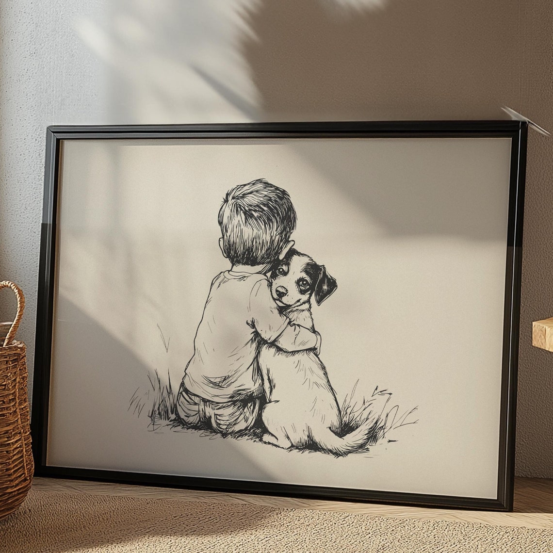 Boy And A Jack Russell Nursery Print Dog Vintage Art Retro Puppy Painting Farmhouse Decor Country Wall Art Dog Drawing Dog Wall Art