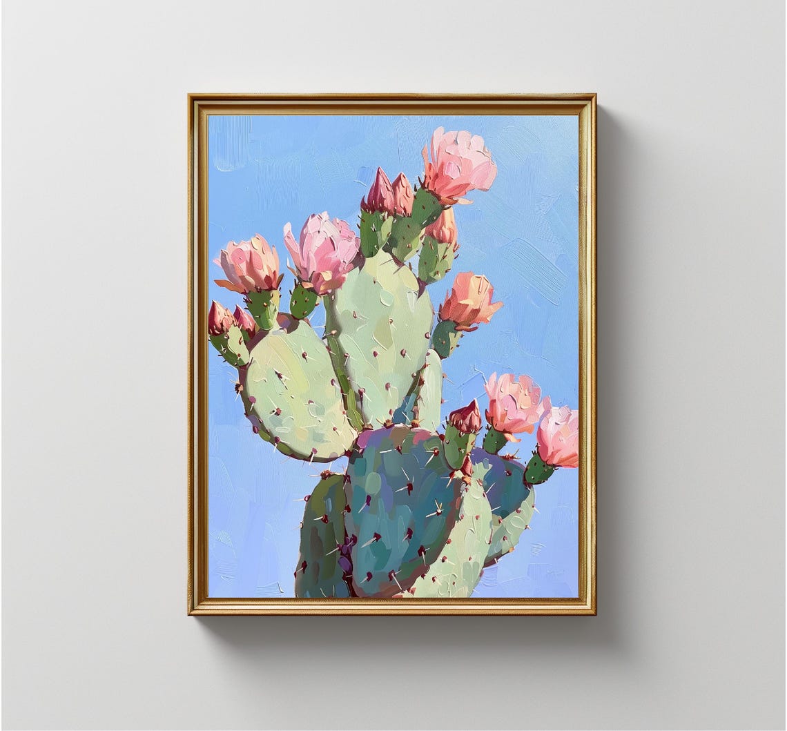 Blooming Prickly Pear Cactus Pink Flowers Blue Sky Botanical Print - Image 3