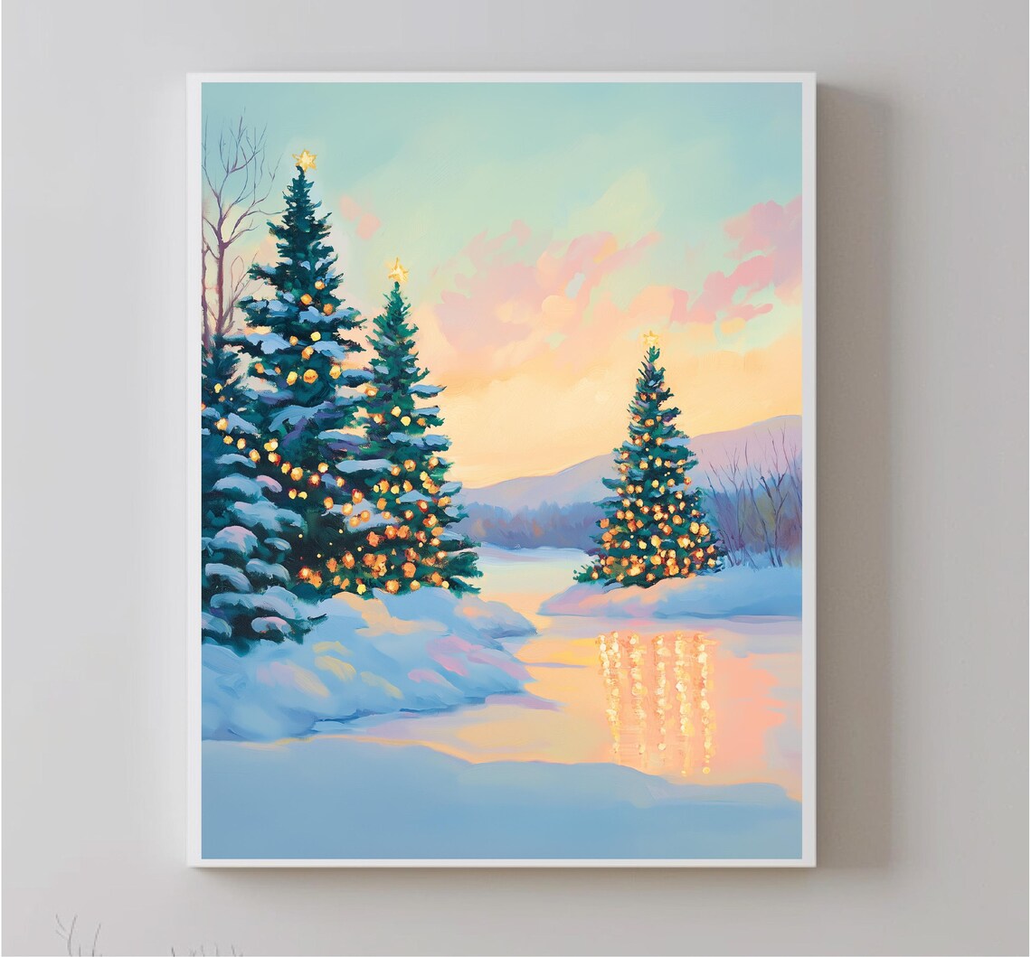 Snowy Evergreens Golden Lights Frozen Pond Winter Holiday Poster